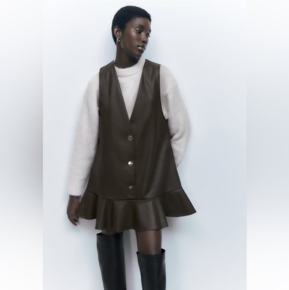 ZARA FAUX LEATHER RUFFLED PINAFORE DRESS  SIZE S - Picture 11 of 14